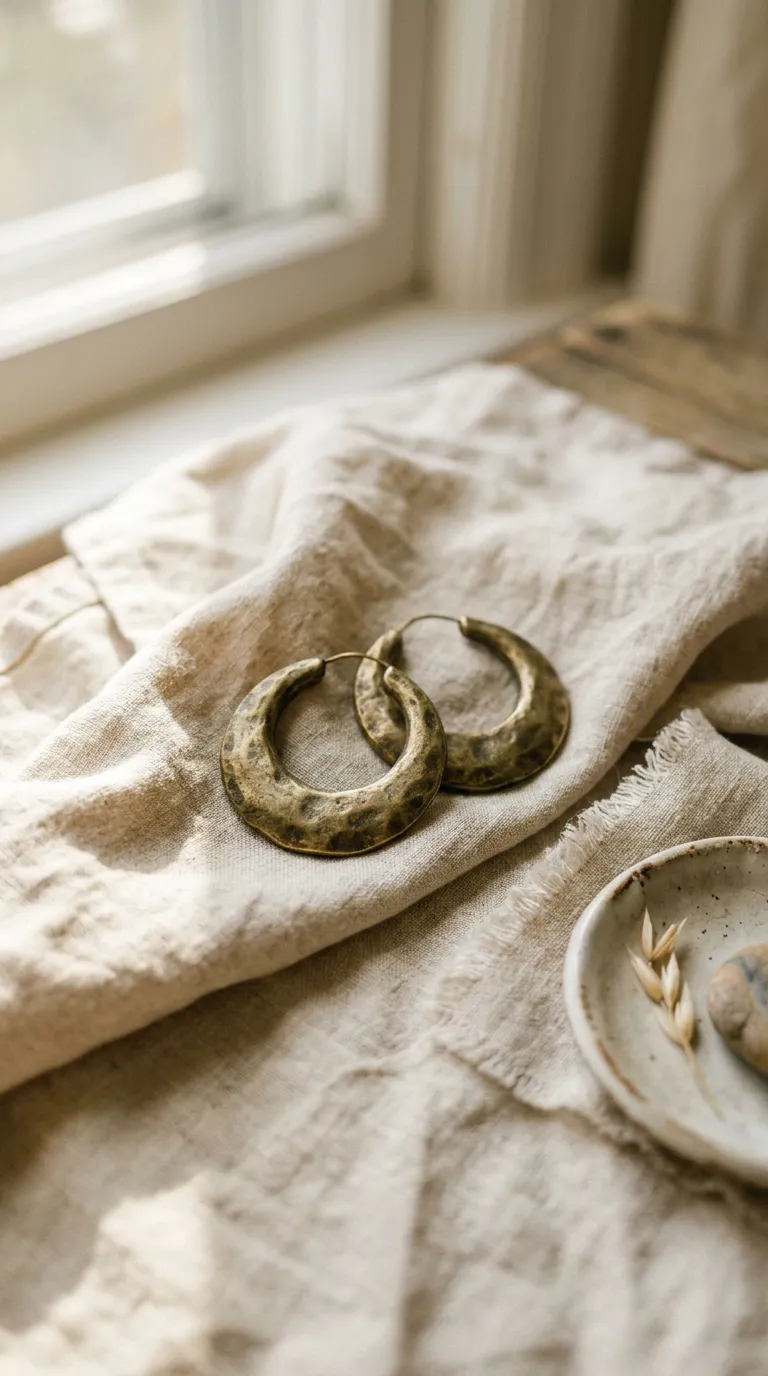 Earrings — aged brass jewelry styled on warm bone linen