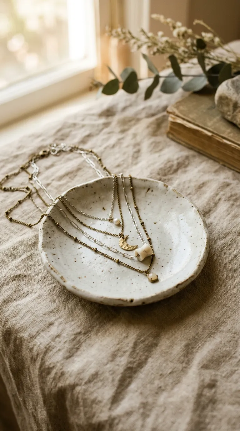 Necklaces — aged brass jewelry styled on warm bone linen