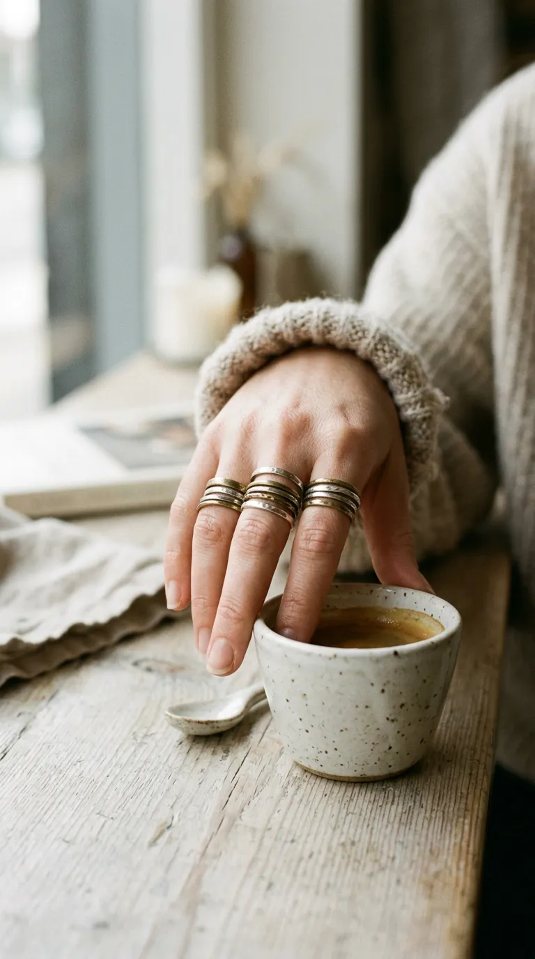 Rings — aged brass jewelry styled on warm bone linen