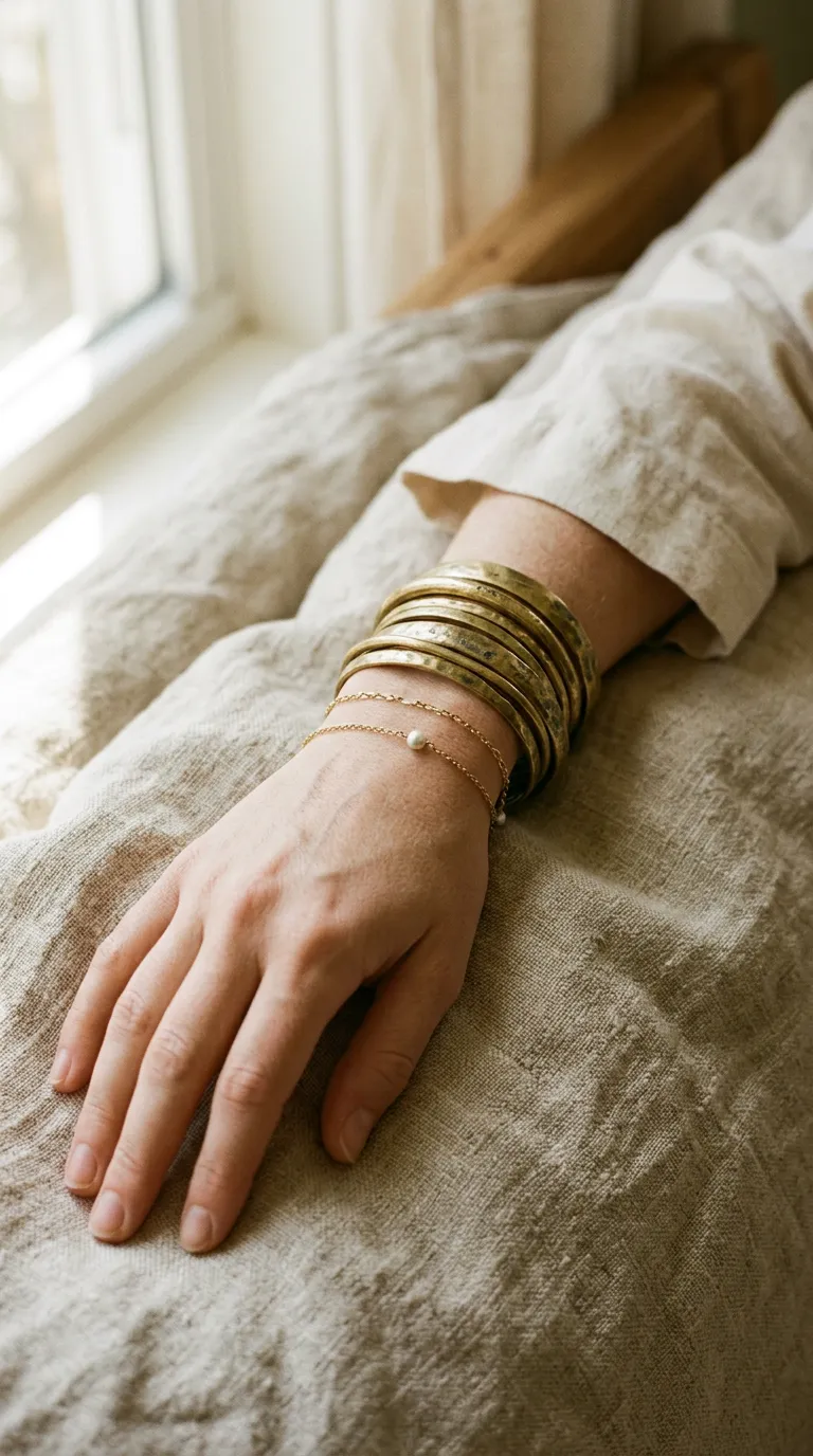 Stacks — aged brass jewelry styled on warm bone linen