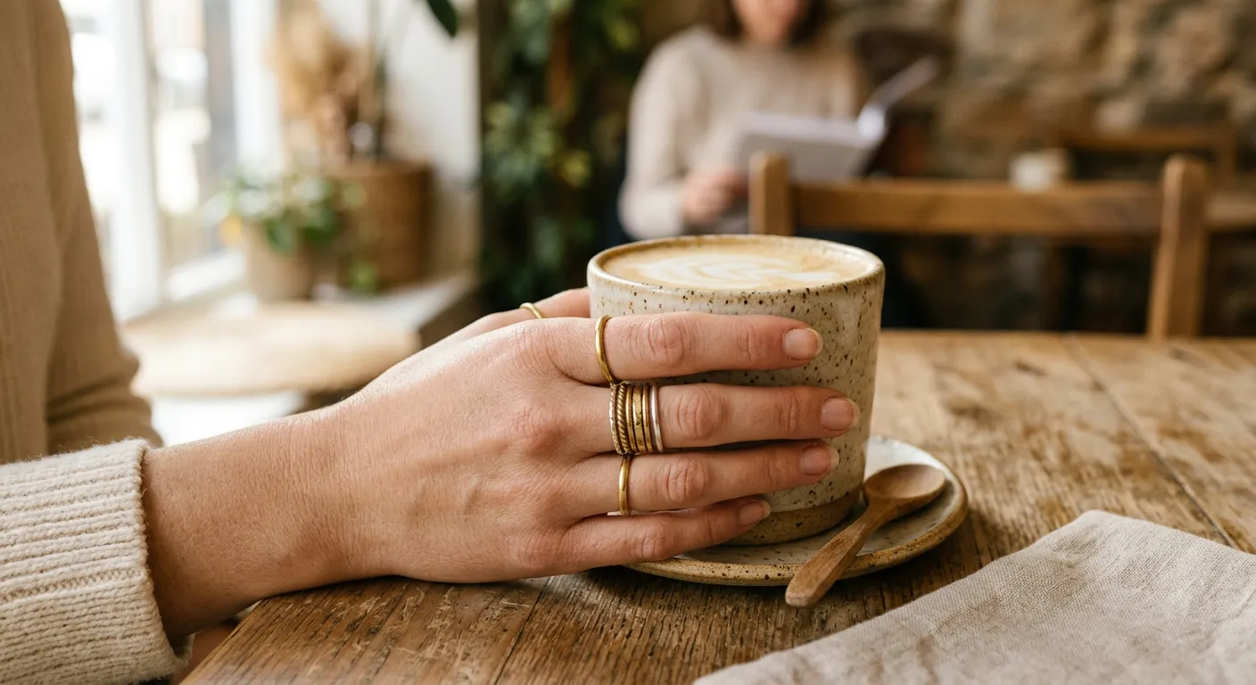 Customer's hand with stacked brass rings around a ceramic coffee cup