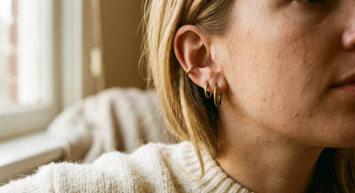 Close-up of a customer's ear wearing small brass hoop earrings and an ear cuff