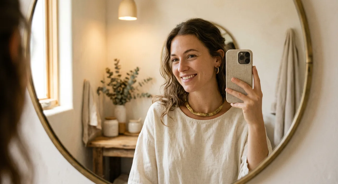 Customer mirror selfie wearing a brass choker and hoop earrings