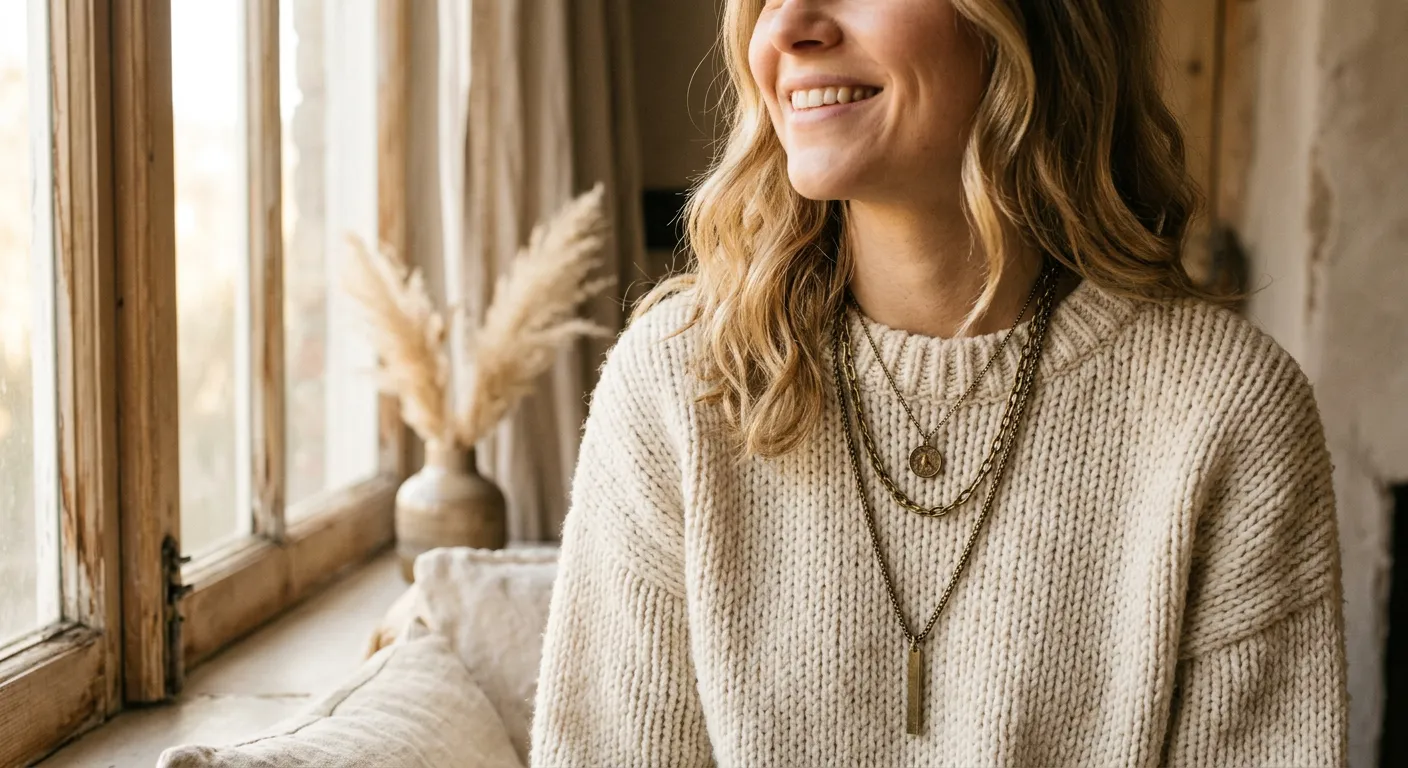 Customer in a cream knit wearing layered brass chain necklaces