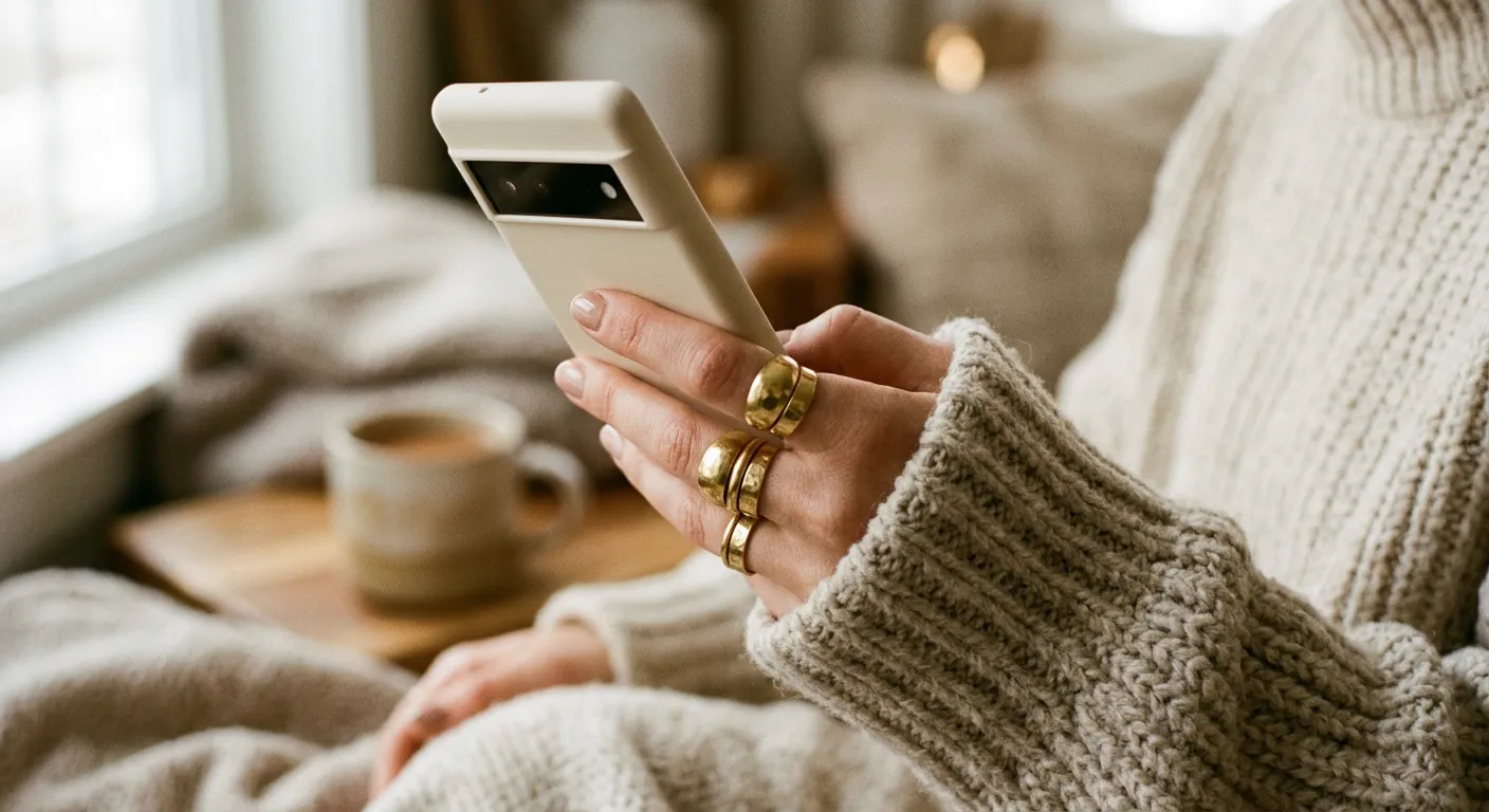 Customer's hand with brass dome rings holding a cream phone