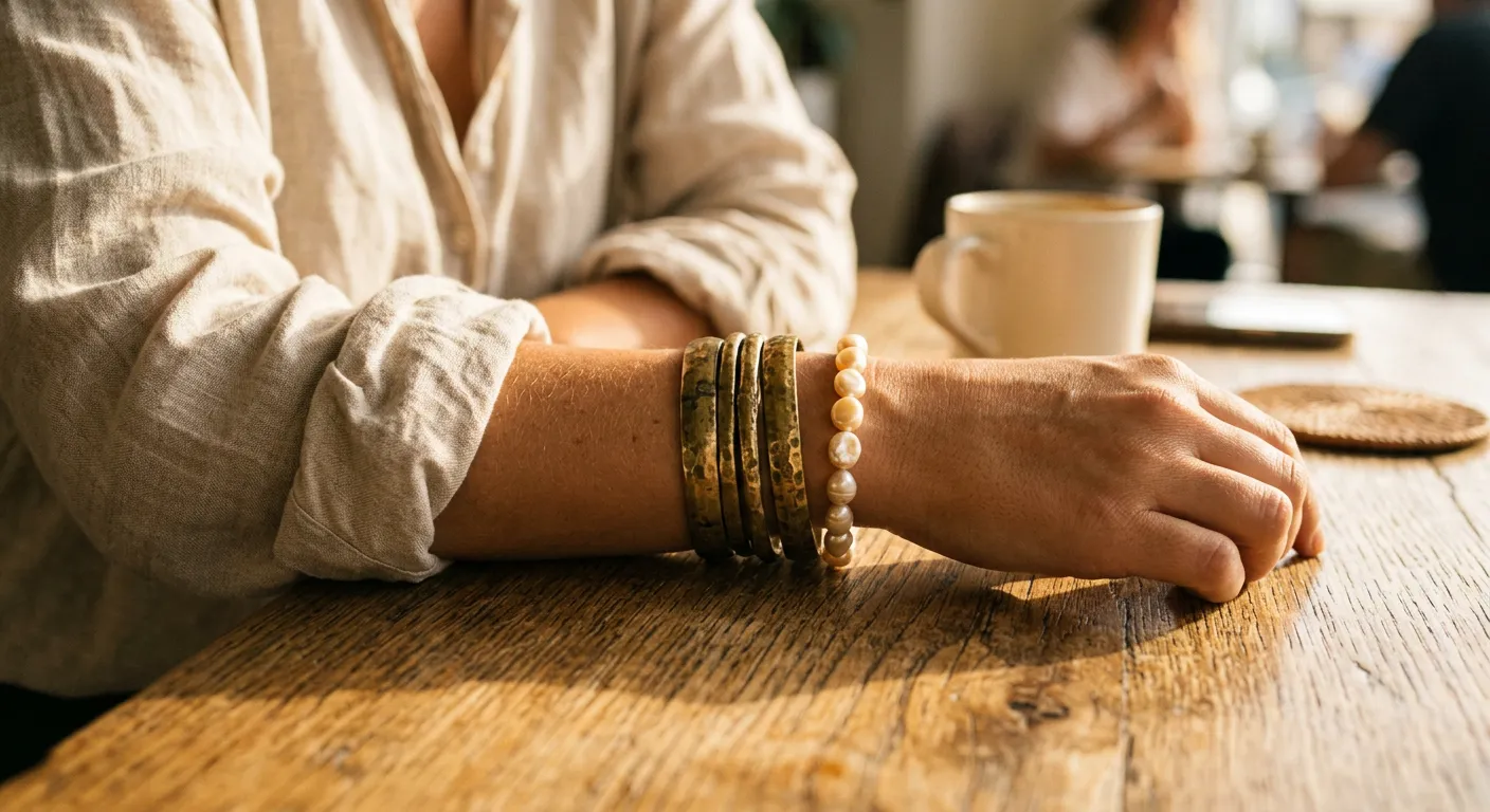 Customer's wrist wearing stacked brass bangles and a pearl bracelet